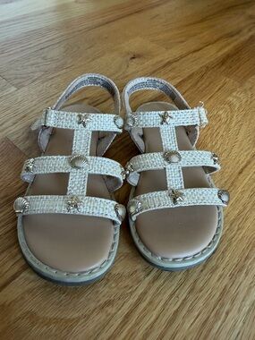 Cat & Jack Girls' Cream T-Strap Sandals with Gold Shell Accents